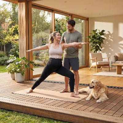 legging maternité noir femme fait yoga accompagnée de son conjoint et chien yoga zenitude
