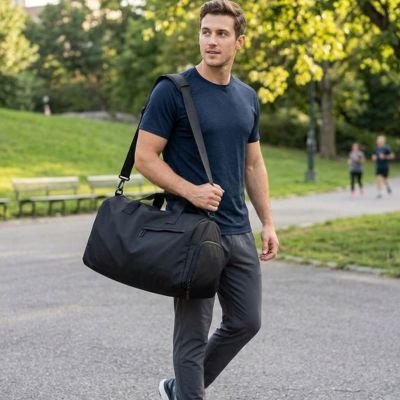 sac de sport noir homme qui le transporte en bandouliĂšre yoga zenitude