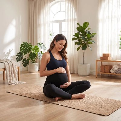 legging maternité noir femme assise sur tapis yoga zenitude