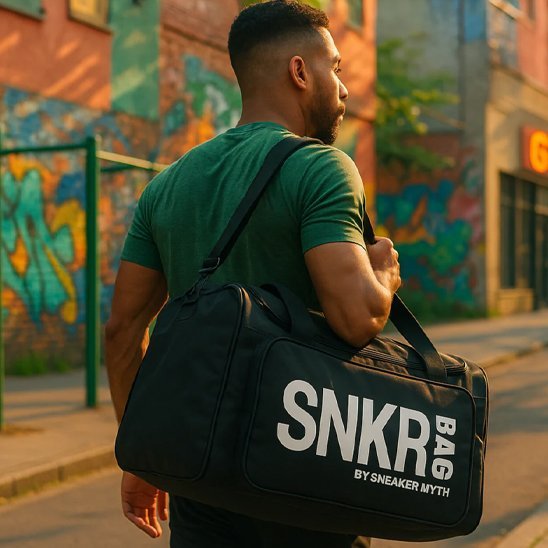 sac de sport noir logo blanc en bandouillière sur épaule homme en ville yoga zenitude
