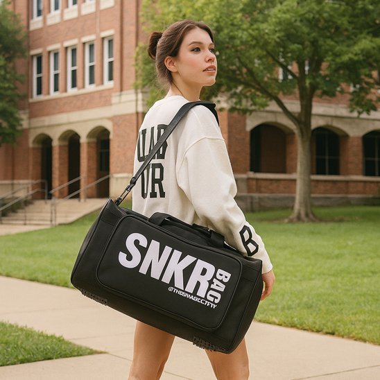 sac de sport noir logo blanc femme allant au collège yoga zenitude 