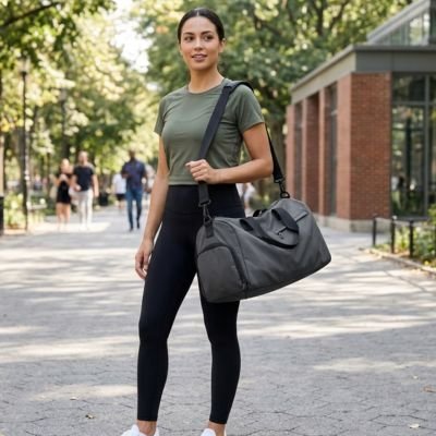 sac de sport gris femme de face dans un parc yoga zenitude