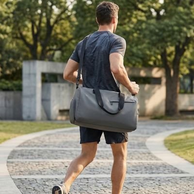 sac de sport gris homme de dos dans un parc yoga zenitude