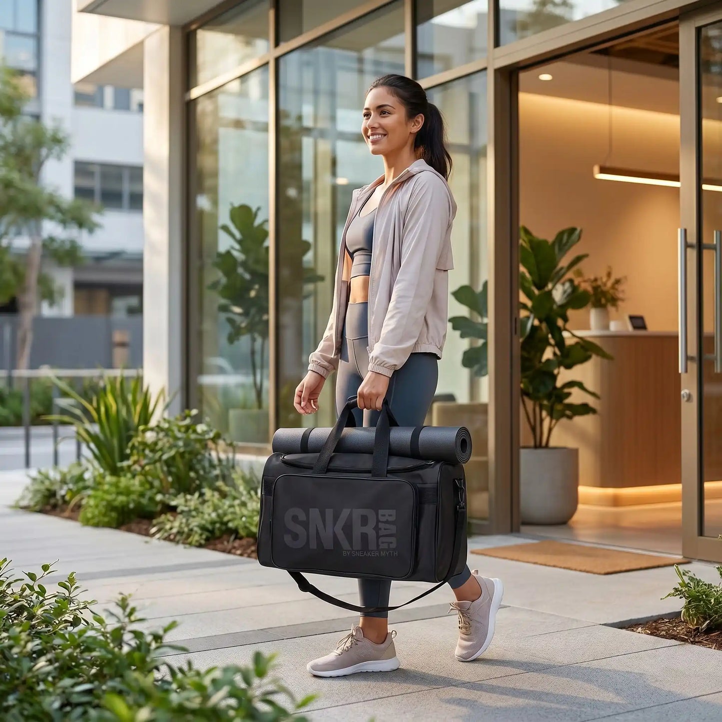 sac de sport noir logo noir femme à la sortie de son cours avec tapis sur le sac yoga zenitude