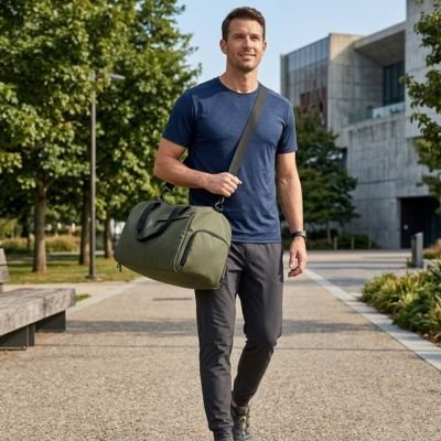 sac de sport vert homme de face dans un parc yoga zenitude