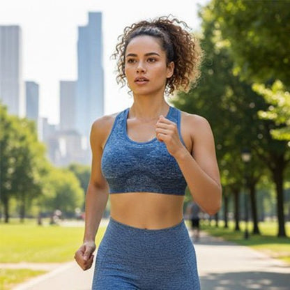 Soutien gorge sport bleu sur femme qui court yoga zenitude