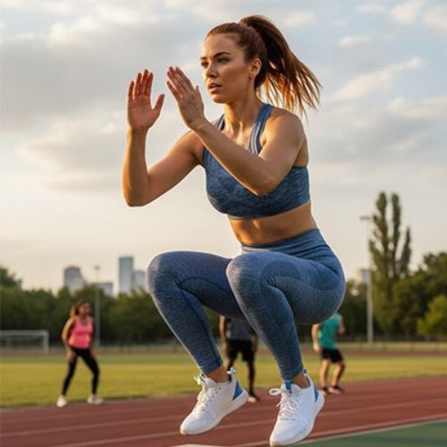 Soutien gorge sport bleu sur femme qui fait  un grand saut yoga zenitude