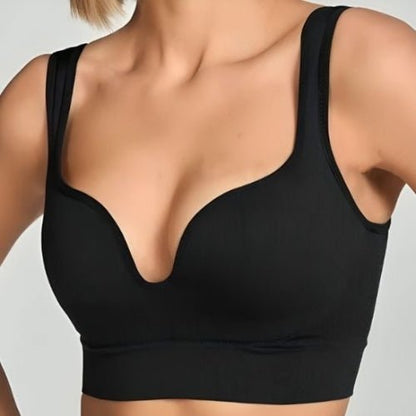 Soutien gorge sport noir vue femme blonde devant yoga zenitude