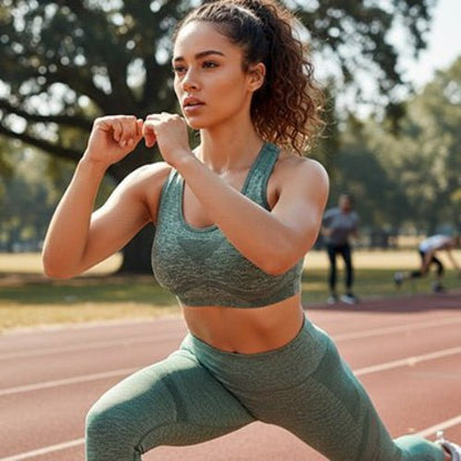 Soutien gorge sport vert sur femme aux cheveux frisés attachés yoga zenitude