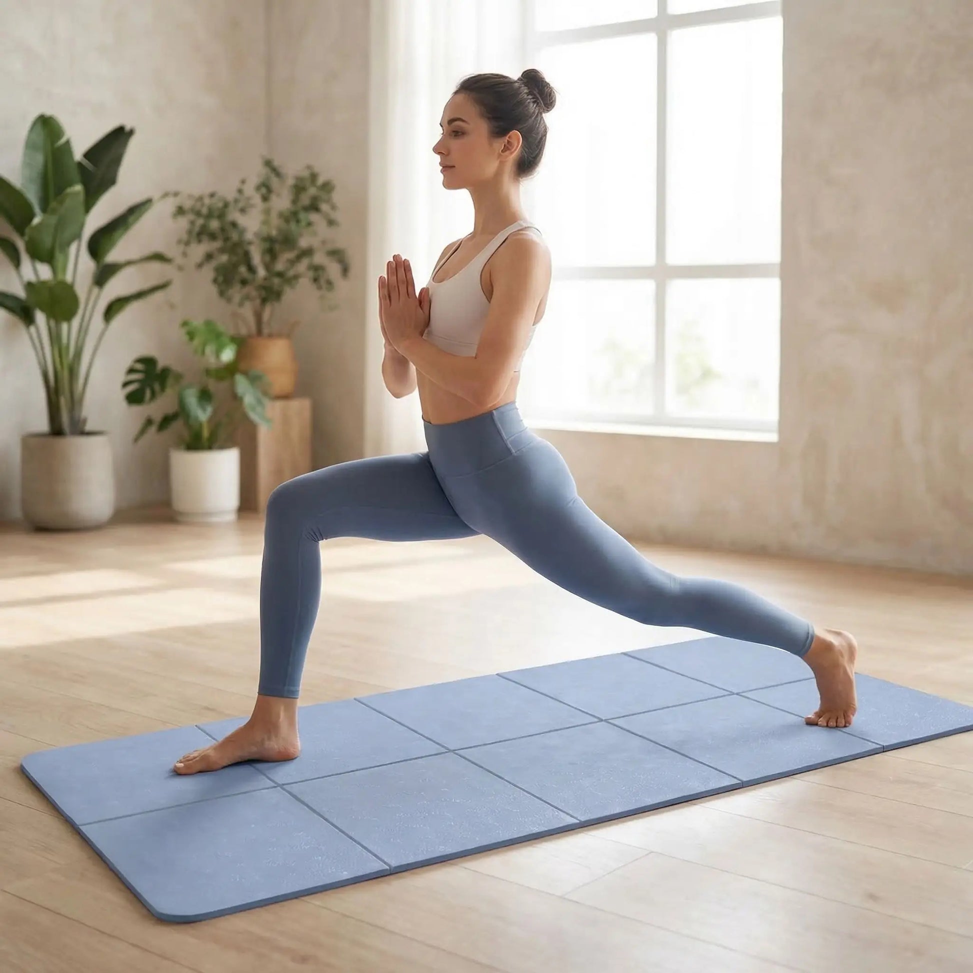tapis de gym pliable bleu femme posture fente et mains en prière uoga zenitude