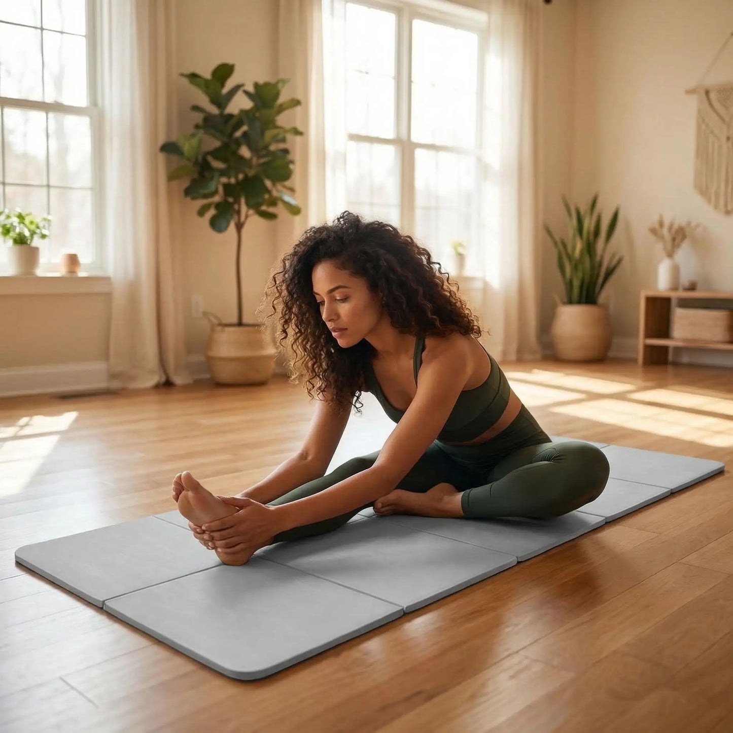 tapis de gym pliable gris femme fait étirements yoga zenitude
