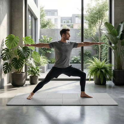 tapis de gym pliable gris homme posture guerrier yoga zenitude