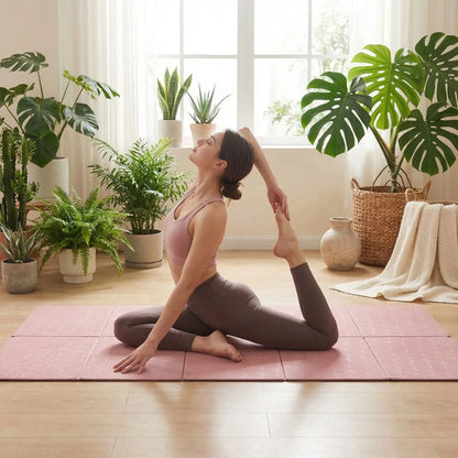 tapis de gym pliable rose femme posture complete pigeon yoga zenitude