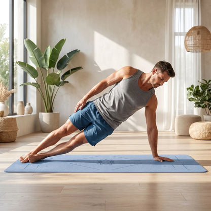 tapis de yoga antidérapan bleu brume planche sur côté yoga zenitude