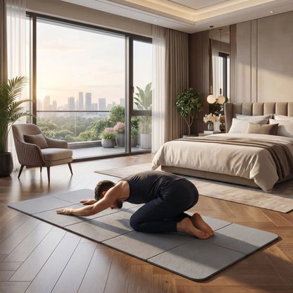 tapis de yoga pliable voyage gris dans chambre hôtel pose enfant yoga zenitude