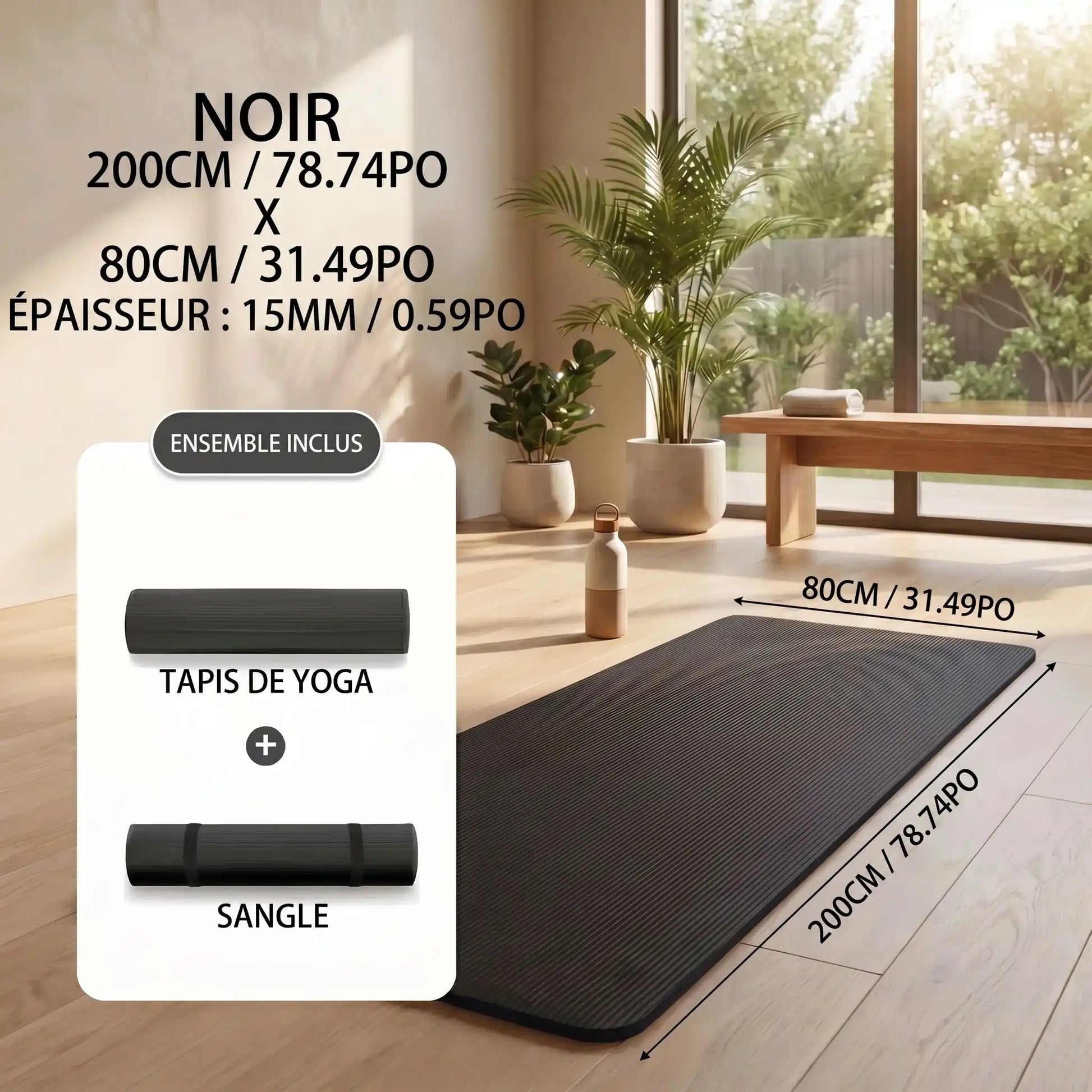 tapis pour salle de sport noir avec mesures et description 15 mm yoga zenitude