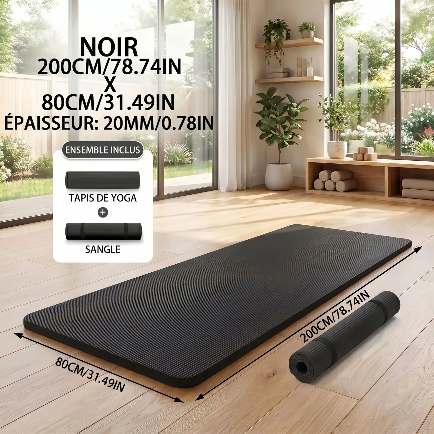 tapis pour salle de sport noir avec mesures et description 20 mm yoga zenitude