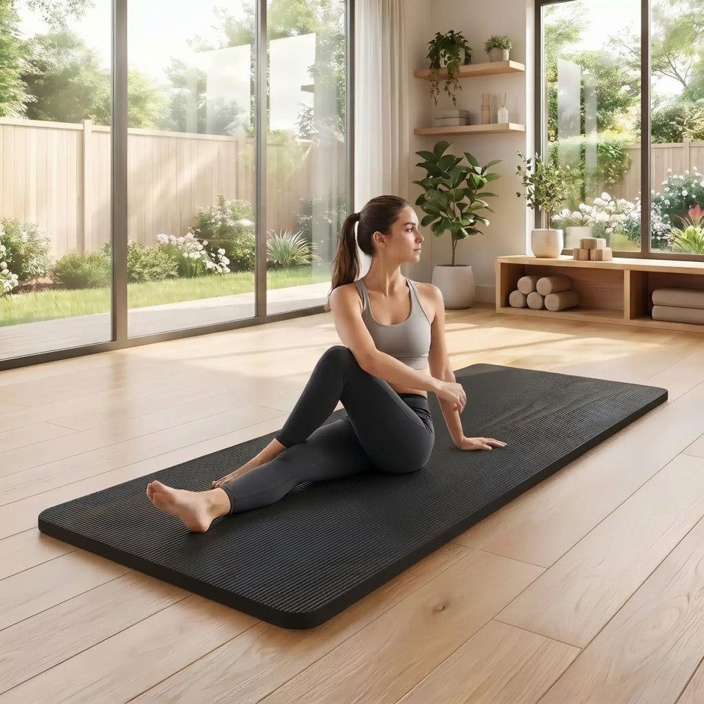 tapis pour salle de sport noir femme qui fait étirements yoga zenitude