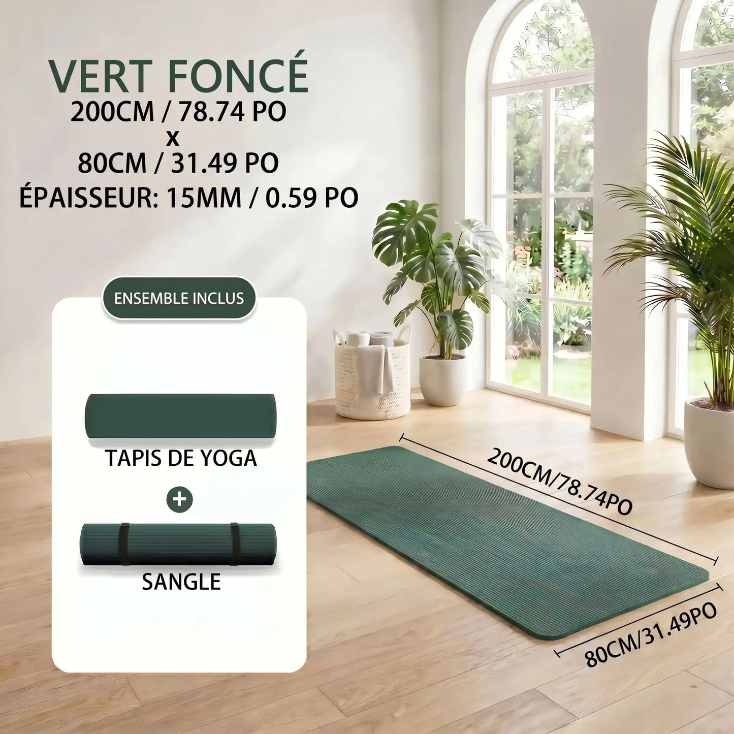tapis pour salle de sport vert avec mesures et description 15 mm yoga zenitude