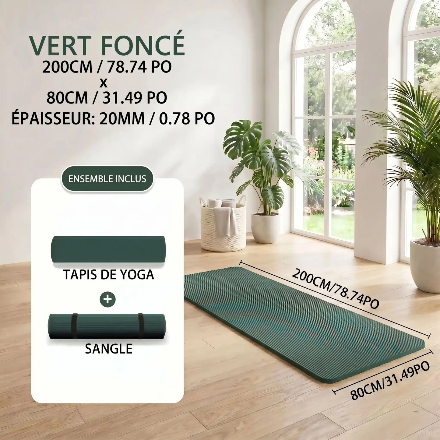 tapis pour salle de sport vert avec mesures et description 20 mm yoga zenitude