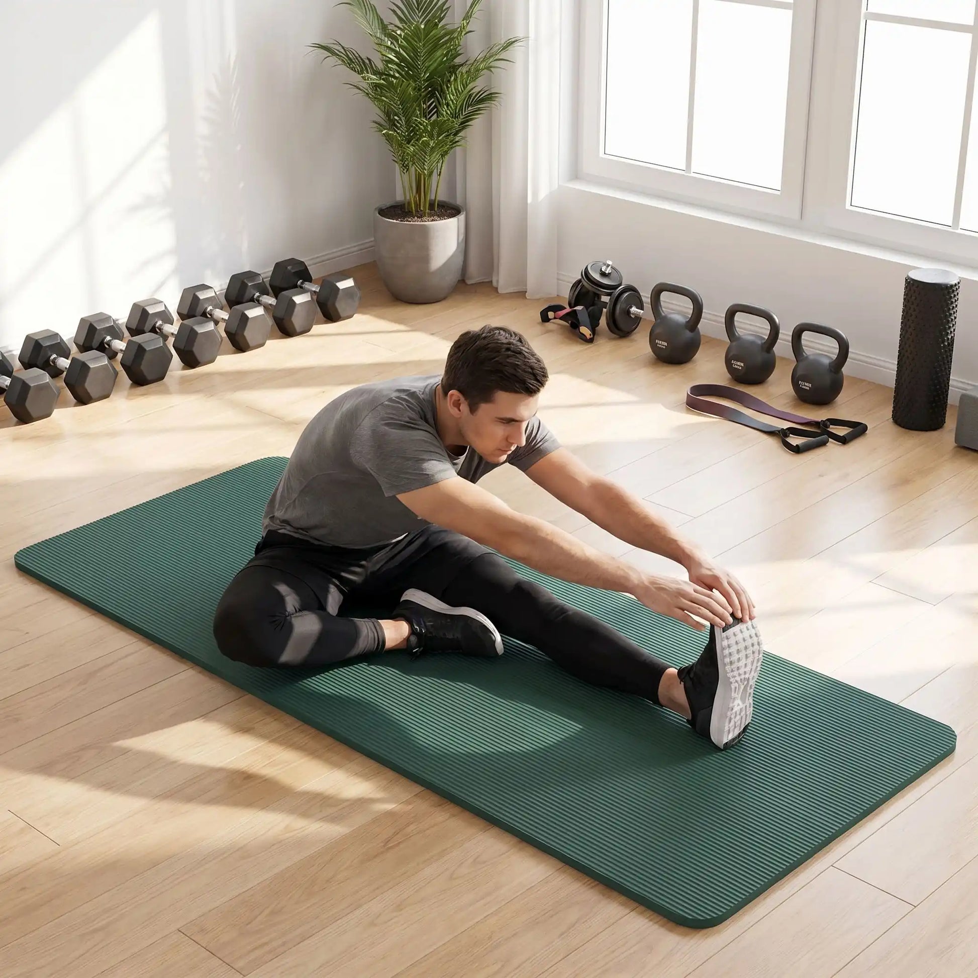 tapis pour salle de sport vert homme qui fait étirements
