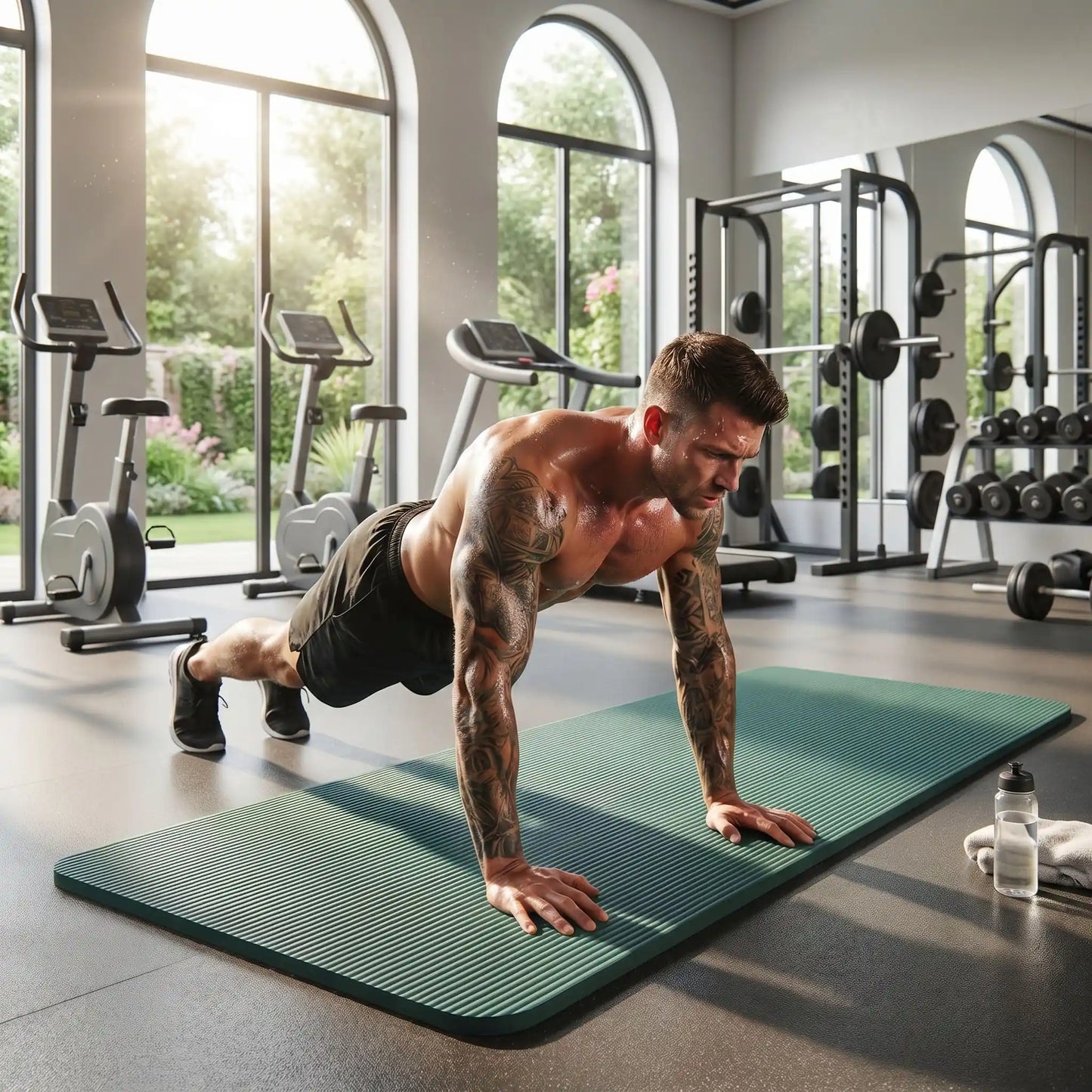 tapis pour salle de sport vert homme qui fait la planche au gym yoga zenitude