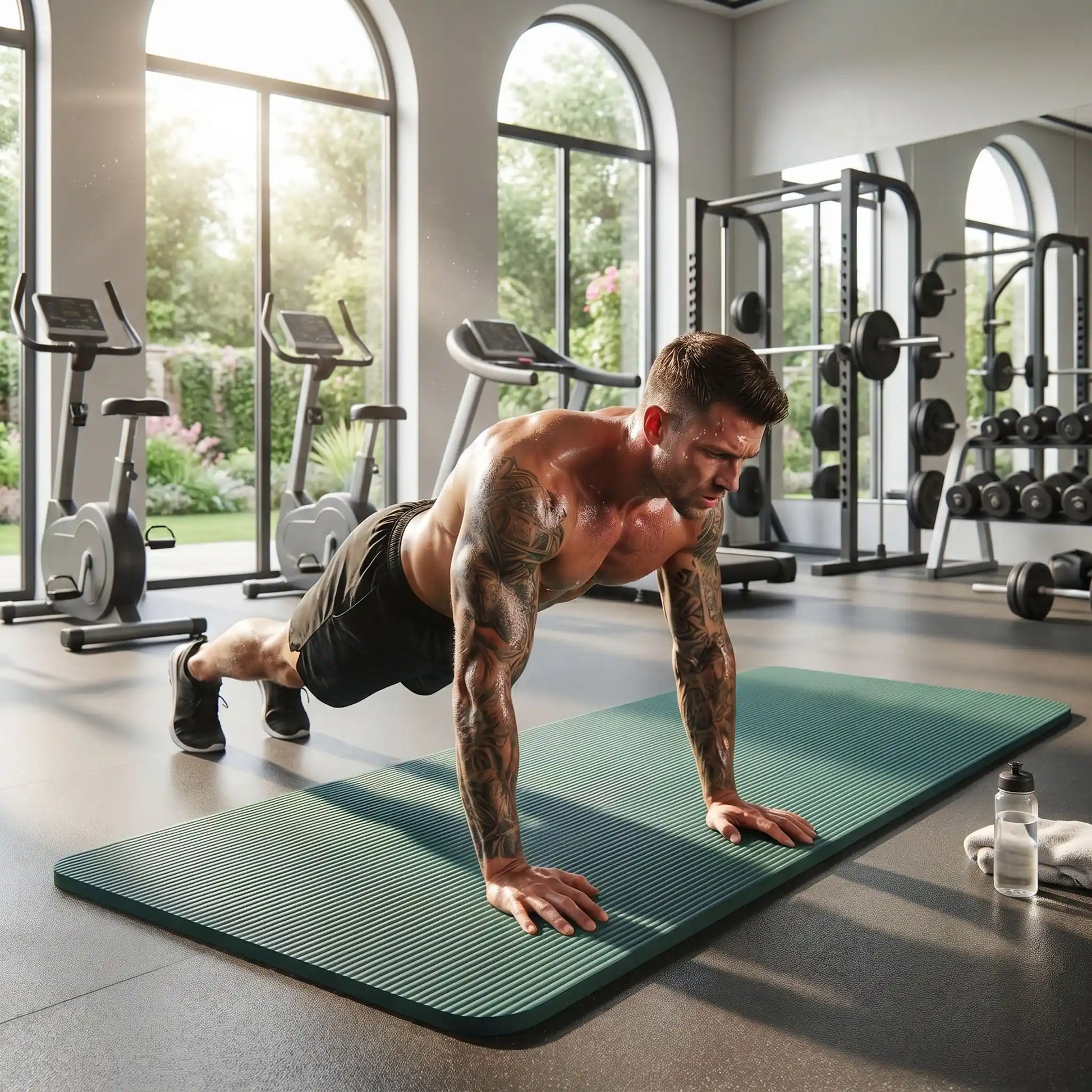 tapis pour salle de sport vert homme qui fait la planche au gym yoga zenitude