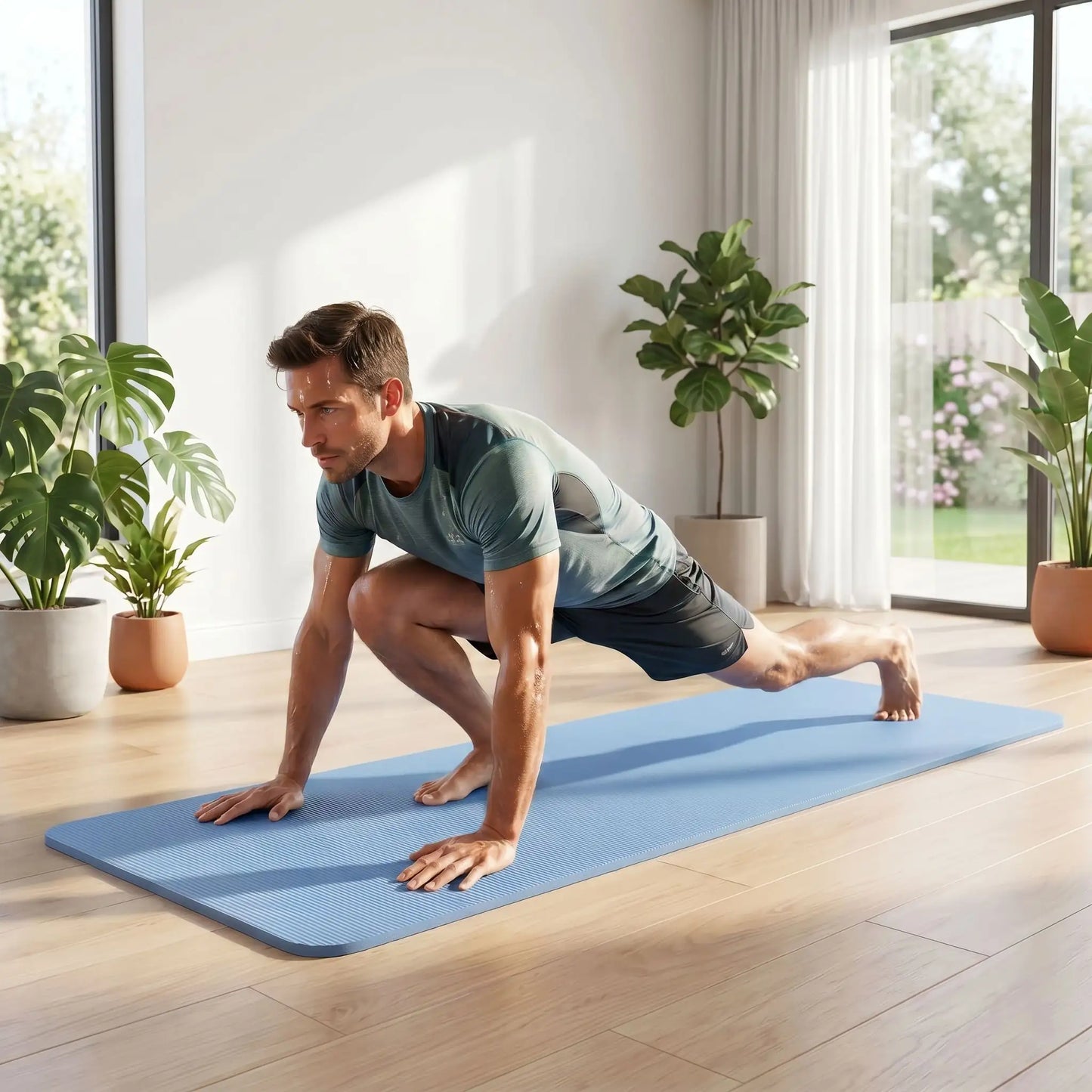 tapis sport bleu homme qui fait étirements yoga zenitude