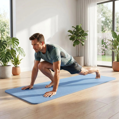 tapis sport bleu homme qui fait étirements yoga zenitude