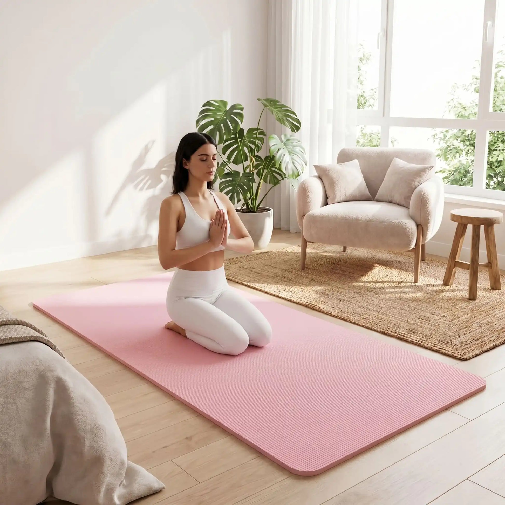 tapis sport rose femme sur genoux qui médite avec mains en prière yoga zenitude