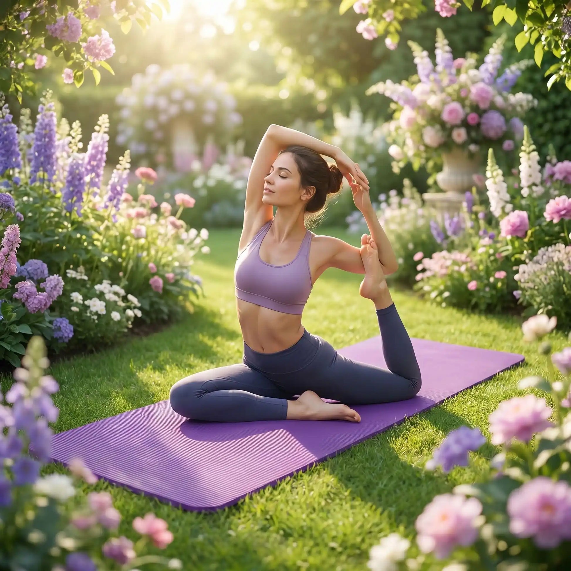 tapis sport violet femme qui fait le pigeon posture complète yoga zenitude