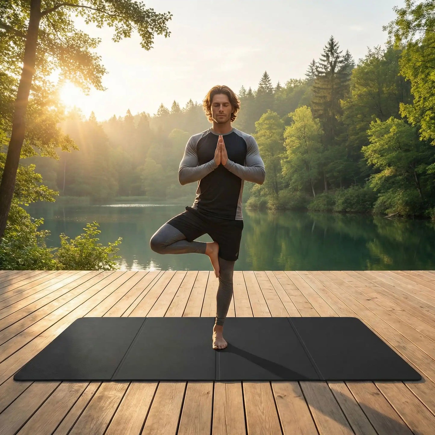 tapis yoga de voyage pliable ultra léger noir homme fait posture de l'arbre près d'un lac yoga zenitude