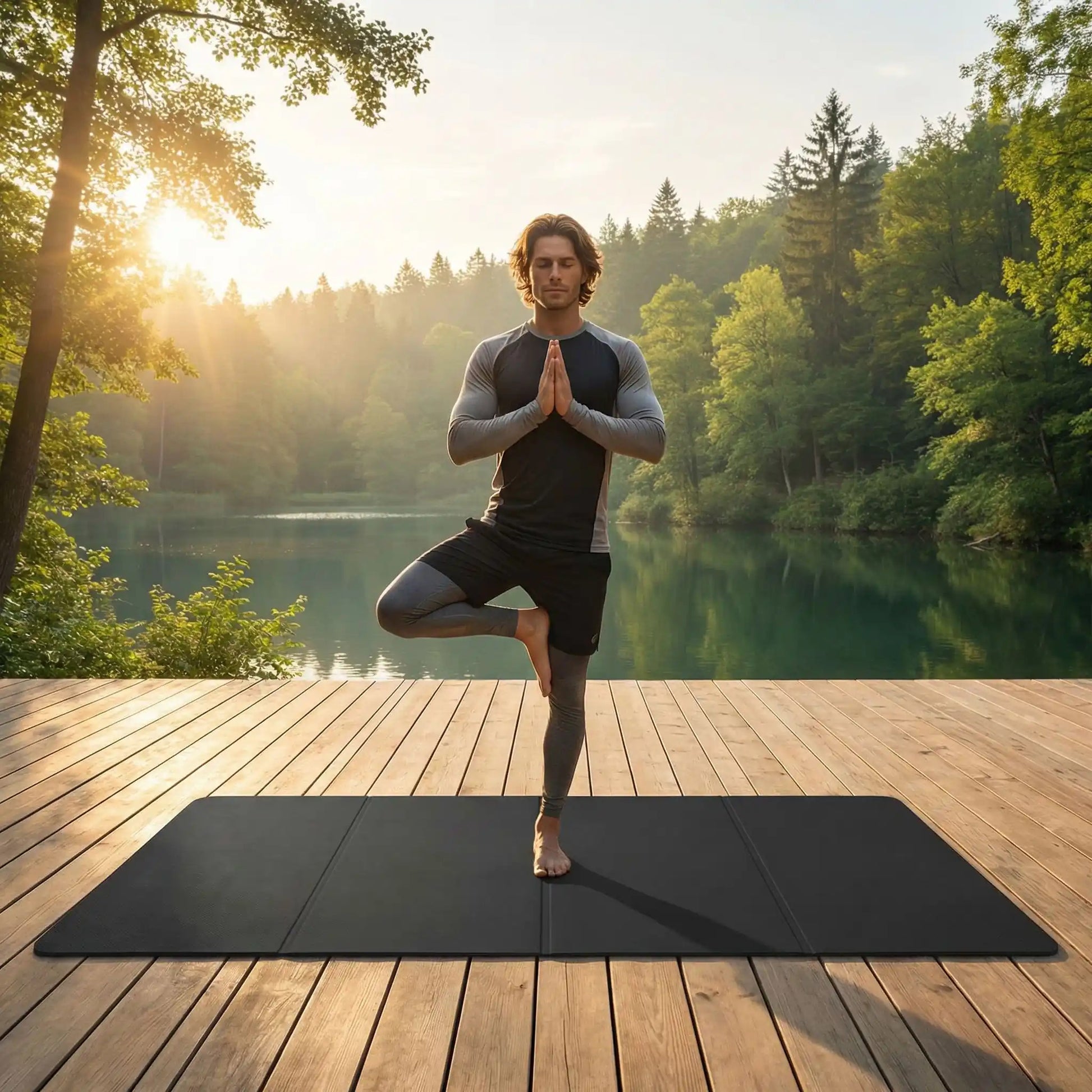 tapis yoga de voyage pliable ultra léger noir homme fait posture de l'arbre près d'un lac yoga zenitude