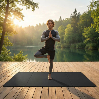 tapis yoga de voyage pliable ultra léger noir homme fait posture de l'arbre près d'un lac yoga zenitude