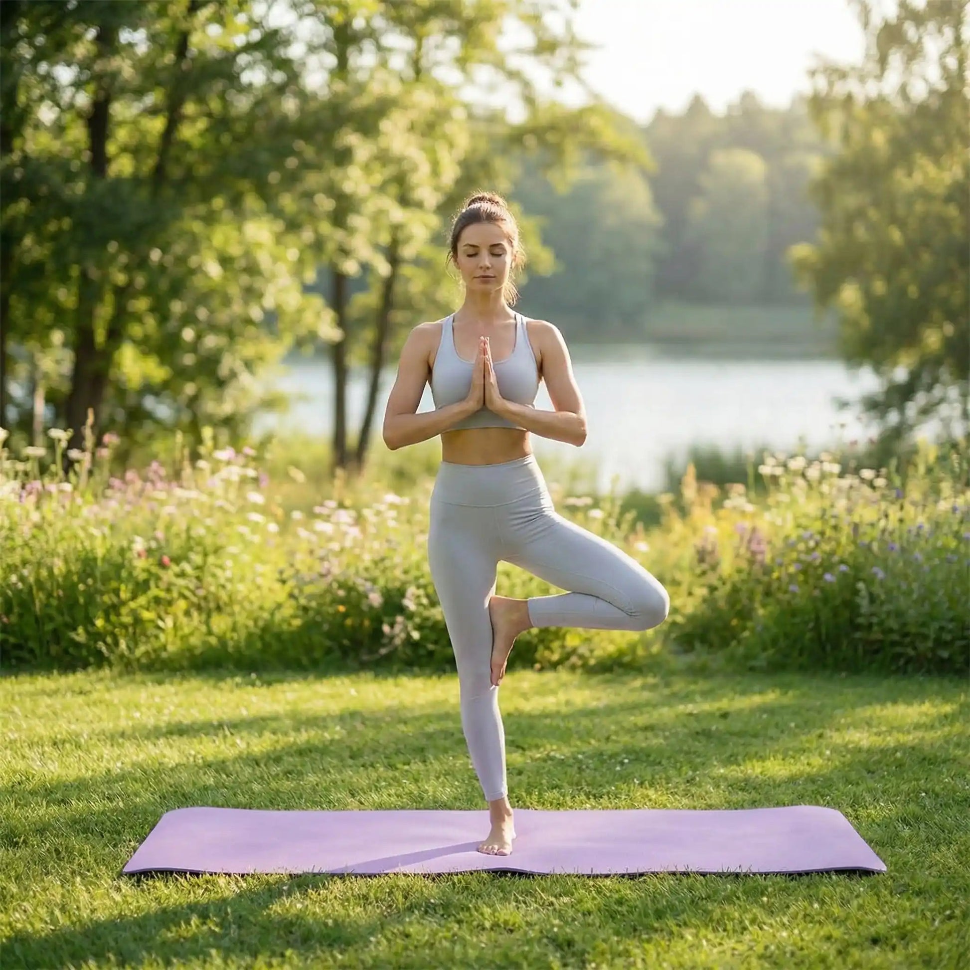 tapis yoga de voyage pliable ultra léger violet femme fait posture de l'arbre idéal au parc yoga zenitude