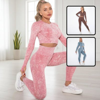 Tenue yoga rose femme avec un genou sur le sol et encadrés avec autres couleurs yoga zenitude