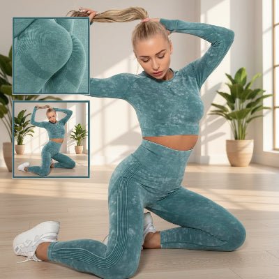 Tenue yoga verte et options et détails tenue rose dans encadrés yoga zenitude