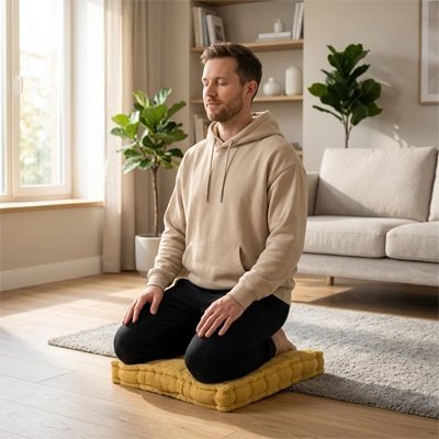 Zafu jaune homme à genoux sur coussin yoga zenitude