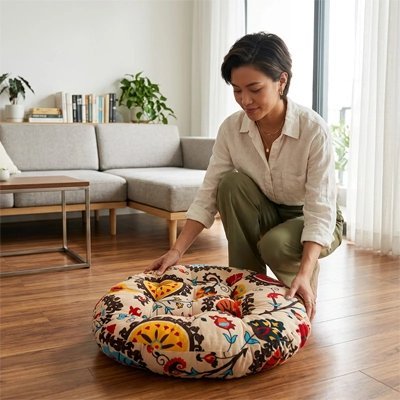 Zafu modèle 1 beige femme qui met sur le sol  son coussin yoga zenitude